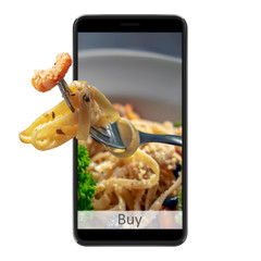 Order and deliver food online. Eat from your smartphone. Gadget on white background