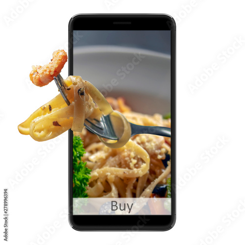 Order and deliver food online. Eat from your smartphone. Gadget on white background © Serge Touch