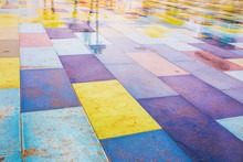 Colorful Bright Pavement - Tar And Concrete Tiles With Dye Added - Rain-wet Tiles - Strong And Durable Asphalt