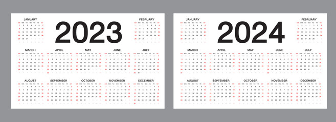 Wall Mural - Simple calendar Layout for 2023 and 2024 years on white background, desk calendar, Week starts from Sunday. vector template.