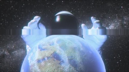 Wall Mural - An astronaut stretches his hands behind the planet Earth in outer space against the background of the Milky Way. 3d render video in the style of an old broken TV with the effects of noise, glitch