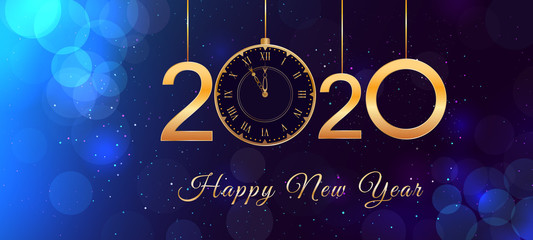 Wall Mural - happy new year 2020 text design with hanging shiny golden numbers and vintage clock on abstract blue