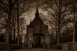 © Ronny Rose - cemetery chapel at Night, chapel, trees, Sepia Photo, Black and White, spooky Chapel on a Cemetry at night