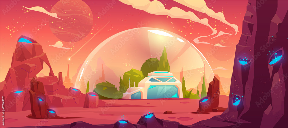 Colonization of planet, space station, bunker, scientific laboratory building under transparent spherical dome on alien fantasy craters landscape background, computer game, cartoon vector illustration - obrazy, fototapety, plakaty 