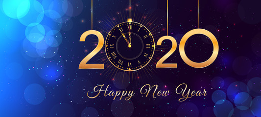 Wall Mural - 2020 happy new year eve text design with shiny golden numbers and vintage clock on blue background w