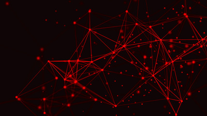 Red abstract polygonal space with connecting dots and lines. Dark background. Connection structure. 3d