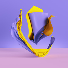 Wall Mural - 3d render, folded cloth, yellow drapery isolated on violet background, textile, fabric, curtain, abstract fashion wallpaper