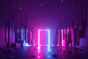 3d abstract neon background, cyber space virtual reality, ultraviolet glowing frame, portal at the e