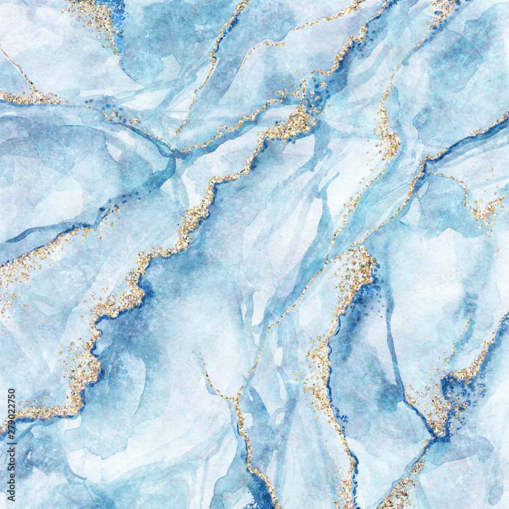 abstract background, white blue marble with gold glitter veins, fake stone texture, painted artificial marbled surface, fashion marbling illustration - obrazy, fototapety, plakaty 