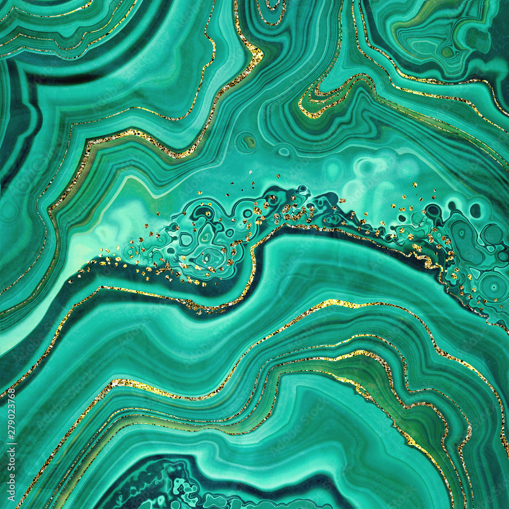 abstract background, fake stone texture, malachite green agate jasper marble slab with gold glitter veins, wavy lines fashion print, painted artificial marbled surface, artistic marbling illustration - obrazy, fototapety, plakaty 