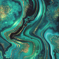 Canvas Print - abstract background, fashion fake stone texture, malachite emerald green agate or marble slab with gold glitter veins, wavy lines, painted artificial marbled surface, artistic marbling illustration