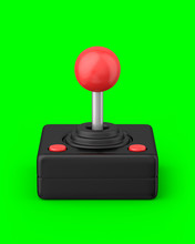 Retro Joystick On A Green Screen Chroma Key Background. 3d Render. Angled View. Green Screen Series.
