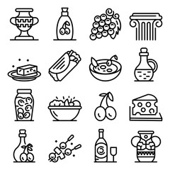 Poster - Greek cuisine icons set. Outline set of Greek cuisine vector icons for web design isolated on white background