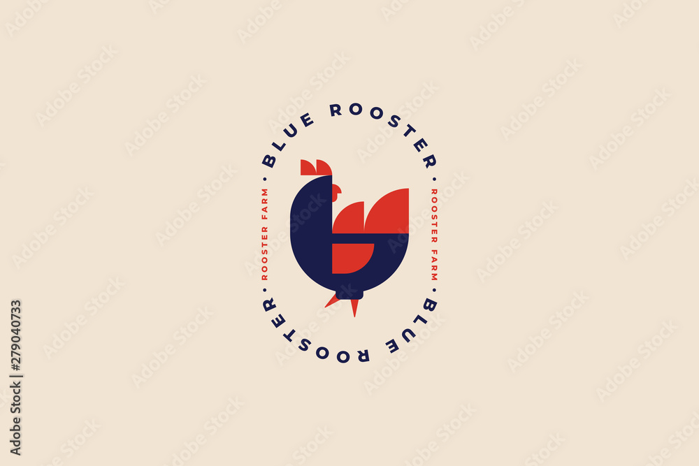 Logo template for poultry farm and poultry farm. Rooster in folk style. Image can be used for packaging design, restaurant menus, market design, butcher shops and chicken farm. Vector illustration. - obrazy, fototapety, plakaty 