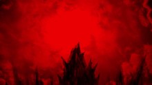 Hellish Demon Spreads Its Wings And Flies Up. 2D Animation Horror Fantasy Genre. Gloomy Animated Short Film. Evil Monster With Luminous Eyes. Black And Red Background. Apocalyptic Doomsday Theme. 