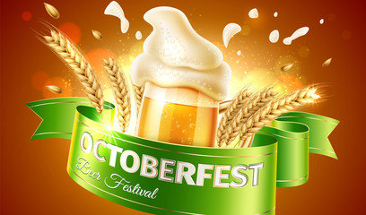 Wall Mural - Vector oktoberfest ad poster realistic beer glass