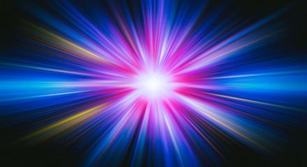 Colorful abstract radiant flash. Explosion hyper acceleration race .for speed in futuristic outer space. Star on dark background. .Magic explosion star with particles. Light effect.