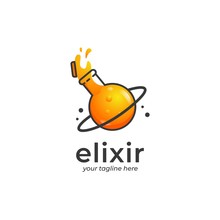 Spilled Elixir Logo, Spilled Orange Potion Logo With Planet Shape Glass Container With Ring In Cartoon Style Illustration