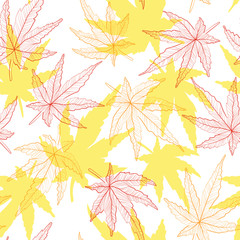 Wall Mural - Japanese maple leaves autumn hand draw watercolor imitation seamless pattern. Falls red and oranges leaf repeater background for gift wrap, textile, cover or wallpaper