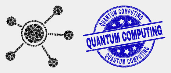 Wall Mural - Dotted links mosaic icon and Quantum Computing seal. Blue vector round textured seal stamp with Quantum Computing caption. Vector combination in flat style.