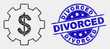 Pixel financial settings mosaic icon and Divorced seal. Blue vector rounded distress seal stamp with Divorced caption. Vector composition in flat style.