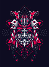 Samurai Head With Detail Mask And Sacred Geometry Pattern As The Background