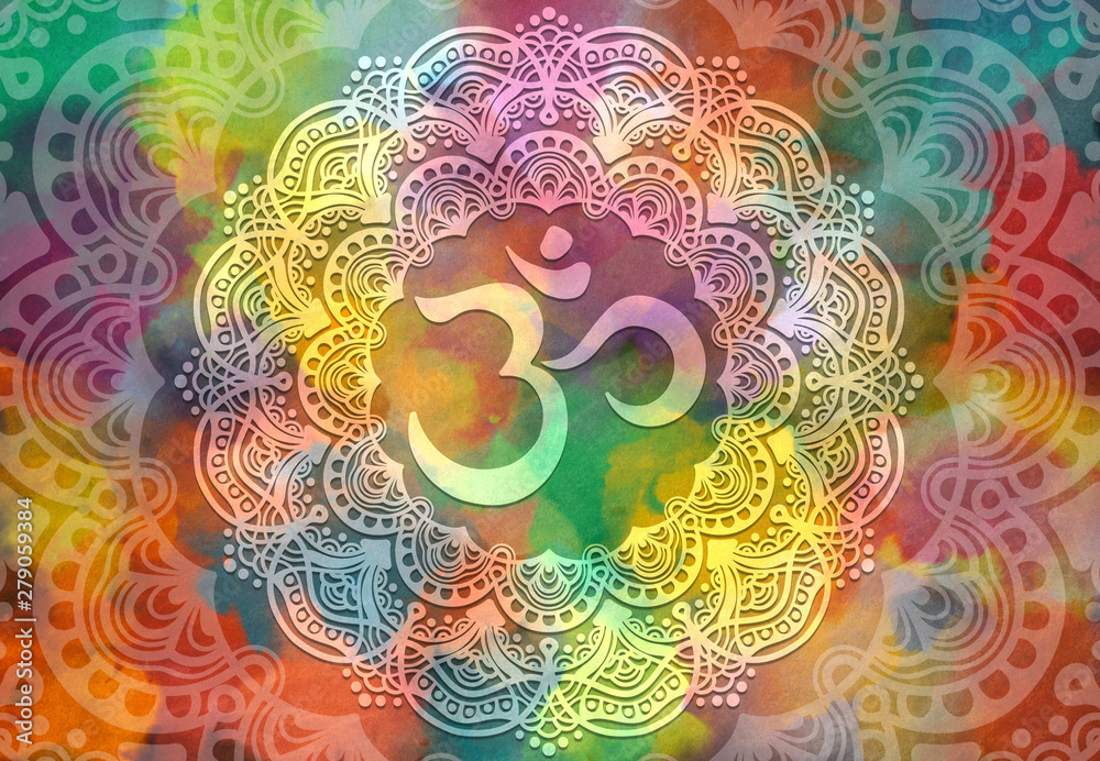Abstract mandala graphic design and diwali om hinduism symbol with watercolor digital painting for decorative elements backgrounds - obrazy, fototapety, plakaty 