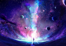 Abstract Unique Young Woman Standing In The Middle Of A Galaxy Crack