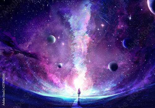 Photographie Abstract Unique Young Woman Standing In the Middle Of A Galaxy Crack