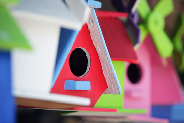 Poster - colorful wooden bird house background.