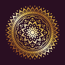 Golden Gradient Mandala Decoration Element. Traditional Round Oriental Ornament Isolated On Brown Background. Elegant Floral Pattern Design. Colorful Ornamental Ethnic Vector Illustration.