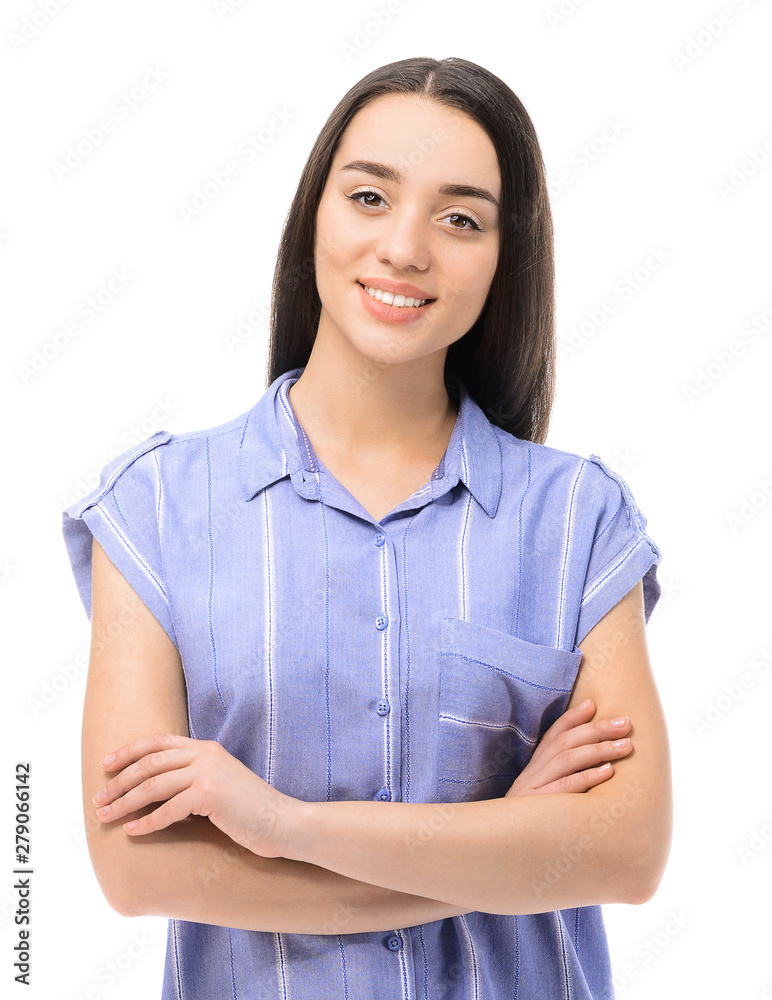 Beautiful young businesswoman on white background