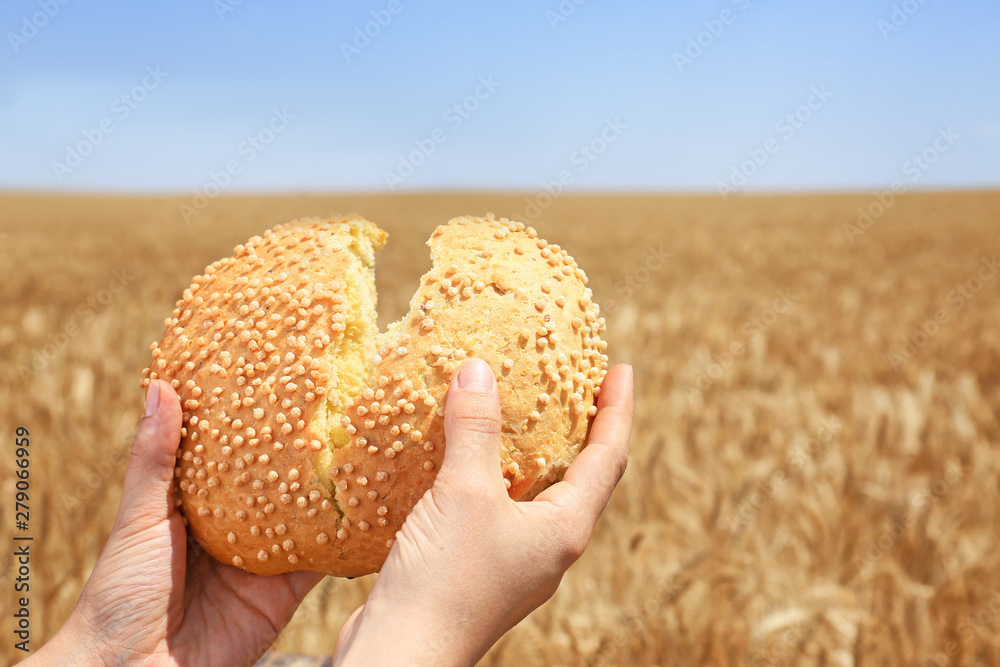 Woman holding fresh bread in wheat field