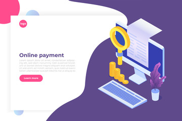 Digital bill, electronic receipt or invoice vector illustration isometric. Online shopping on desktop.
