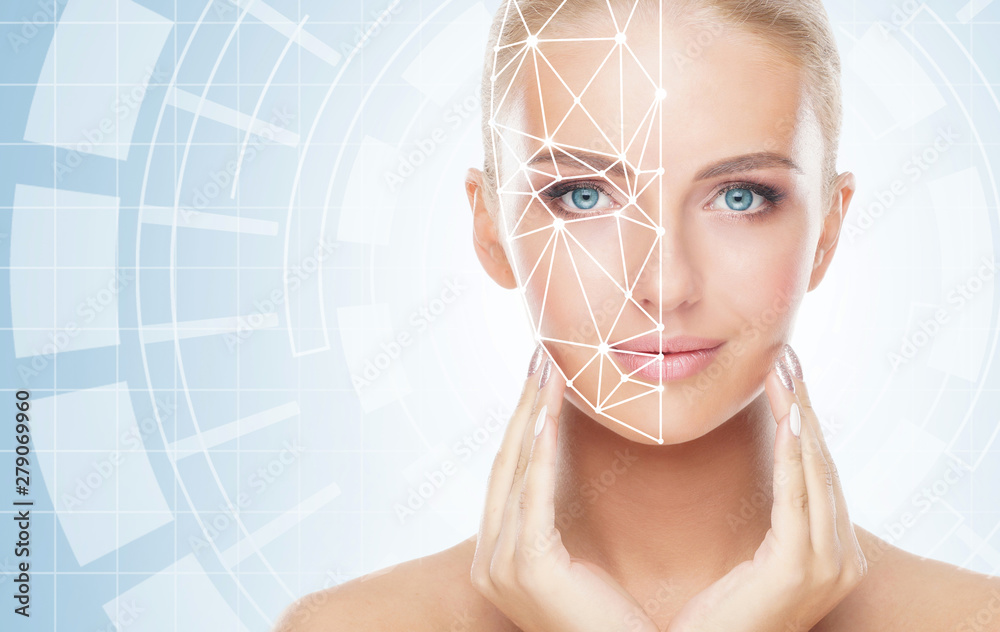 Portrait of attractive woman with a scanning grid on her face. Face id, security, facial recognition, future technology. - obrazy, fototapety, plakaty 