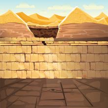 Ancient Lost Looted Tomb Or Abandoned Temple Interior, Underground Cartoon Vector Illustration. Archeological Excavations, Treasures Hunting Concept. Desert, Dug Sand And Sunbeam In Empty Crypt