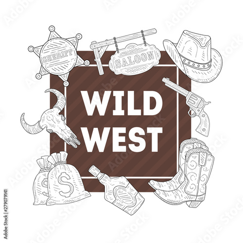 Wild West Banner Template Western Cowboy Hand Drawn Symbols