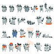 Raccoon icons set. Cartoon set of raccoon vector icons for web design
