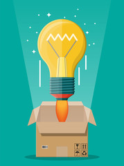 Poster - Light idea bulb ejected from cardboard box. Concept of startup, creative idea, leadership, business success or inspiration. Glass bulb with spiral in flat style. Vector illustration