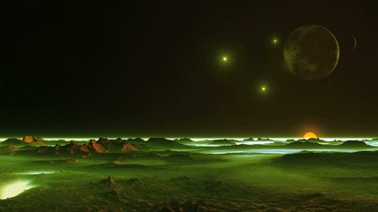 Wall Mural - Two Moons and Falling Stars (UFO). In the dark starry sky two moons and bright glowing objects (UFOs), flying over the surface of alien planet. A bright orange sun set in a thick white mist .