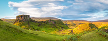 Panorama Of Famous Mystic Fairy Glen At Sunset, A Green Valley With Romantic Landscapes. Copy Space In Sky.