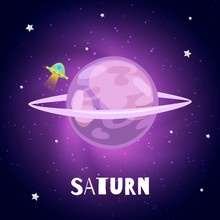 Saturn Made Of Gases With Ring Of Ice And Dust. Sixth Planet From Sun In Solar System Isolated Cartoon Flat Vector Illustration On Galaxy Background With Small Saturn Spaceship.