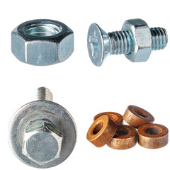 Collage of screws and bolts on white background