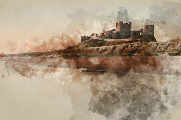 Wall Mural - digital watercolor painting of beautiful landscape image of bamburgh castle on northumberland coast 