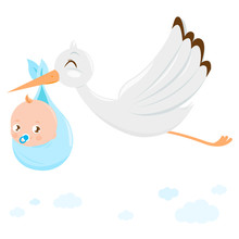 Vector Illustration Of A Stork Flying In The Sky And Delivering A Cute Newborn Baby Boy.