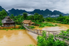 A Wooden Bridge Crossing The Nam Song River Vang Vieng-Vientiane Province-Laos.
