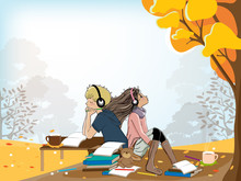 Cute Cartoon Of Schoolboy And Girl With Headphones Listening To Music While Doing School Homework Under The Tree. Vector Of Student Sitting Together In Autumn Field,Back To School Concept