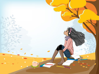 Cute cartoon of Schoolgirl with headphones listening to music while doing school homework under the tree. Vector of Young girl looking up to sky with deep in thoughts, Back to school concept