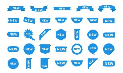 Poster - New sticker set labels isolated on white. Blue flat sticker icon with text. Vector product stickers with offer.