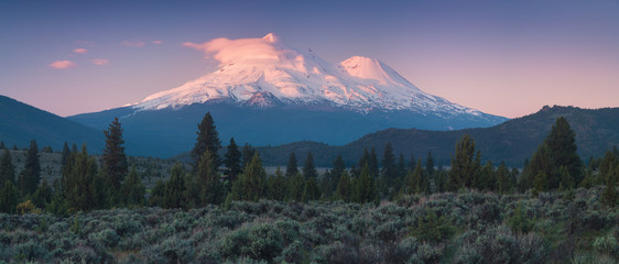 Wall Mural - View of Mount Shasta Volcano with glaciers, in California, USA. Panorama from north. Mount Shasta is a potentially active volcano at the southern end of the Cascade Range in Siskiyou County